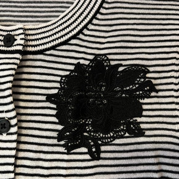 LOFT Black and White Striped Cardigan with Flower, 25% Wool  - Medium - Picture 3 of 5